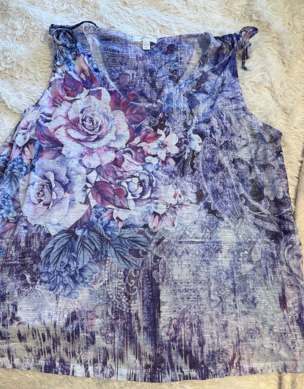 Concepts Floral Tank Top Size L (12-14) Purple Rhinestone